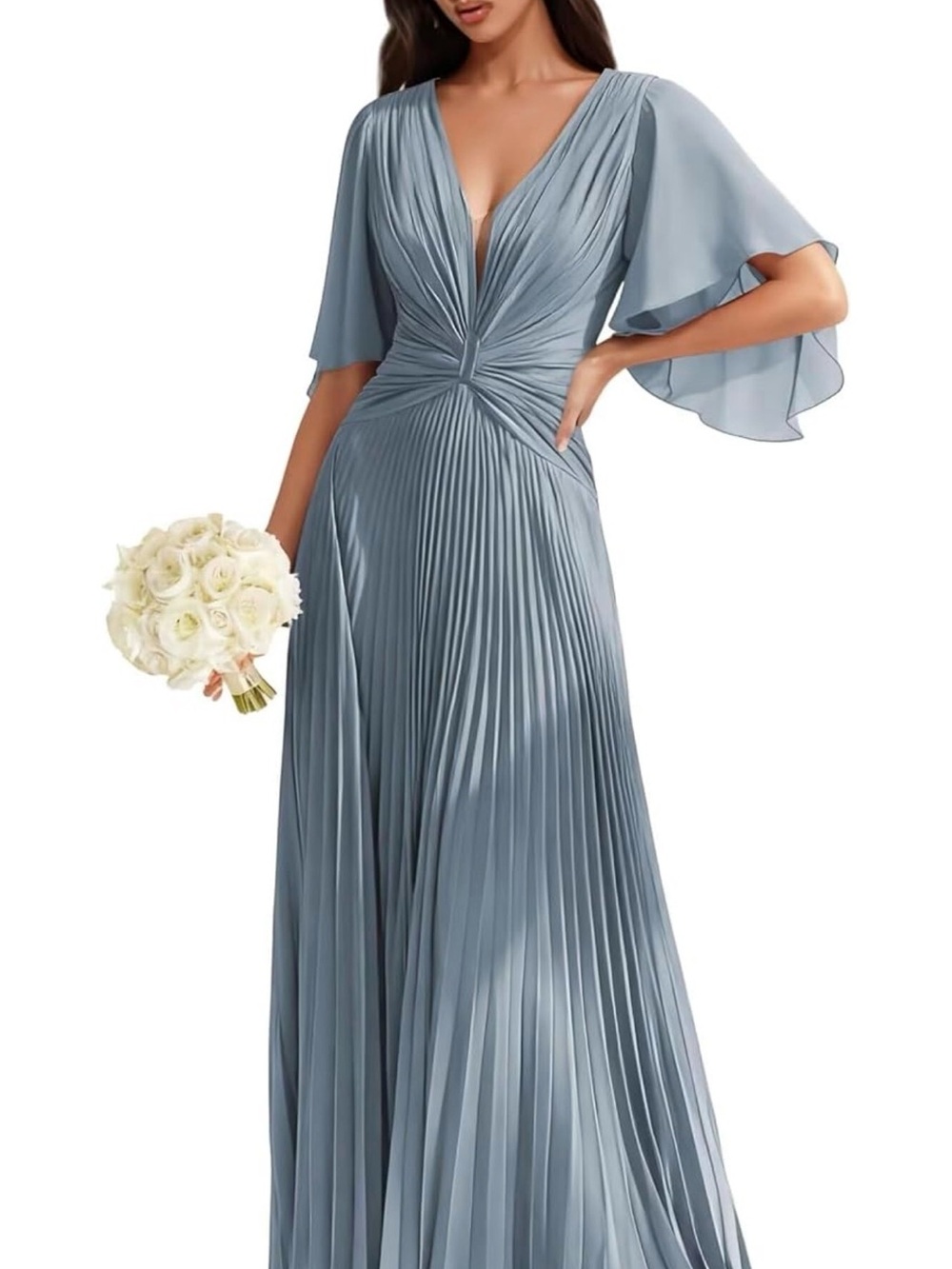 Elegant Slate Blue Pleated V-Neck Evening Dress